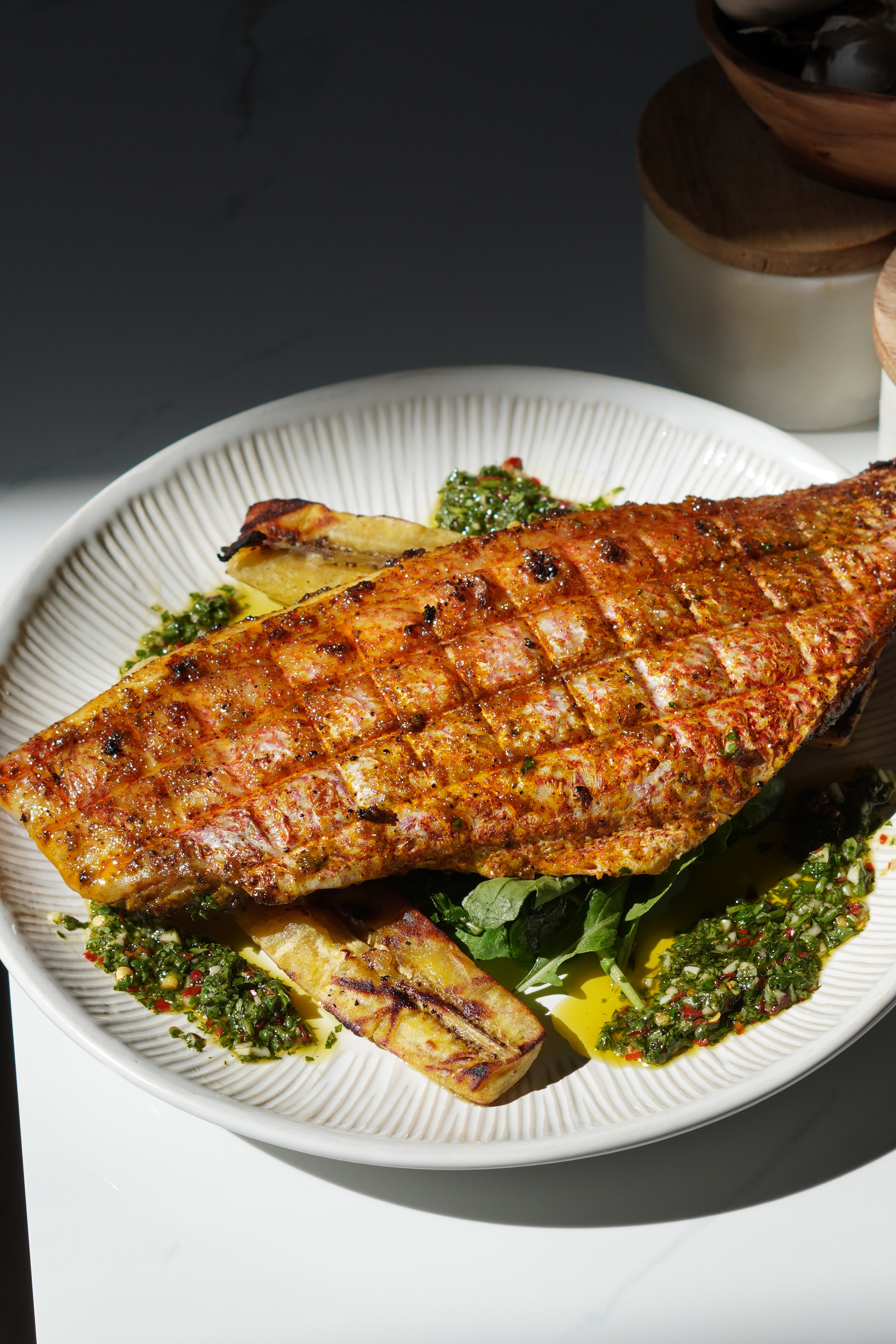 Epis Grilled Snapper with Chimichurri & Grilled Plantains